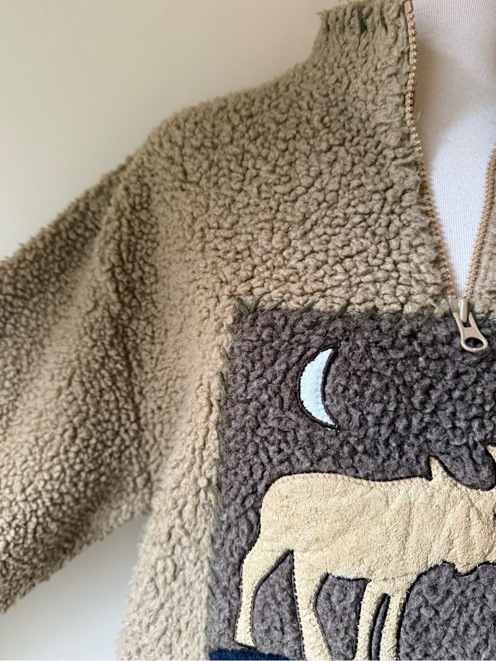 Vintage Woolrich Sherpa Fleece Moose Appliqué Quarter Zip Pullover - Picture 3 of 10